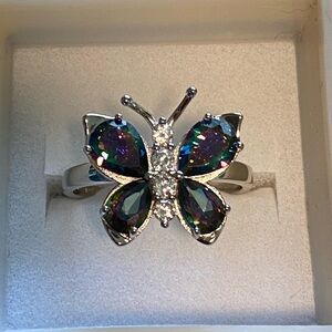 Sterling Silver Fancy Butterfly Ring with Pear Cut Rainbow Topaz size 8